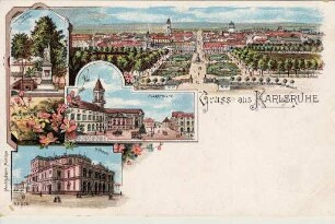 Postkartenalbum. "Gruss aus Karlsruhe". Blick vom Schlossturm, Krieger-Denkmal, Marktplatz und Hoftheater
