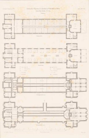Städtisches Allgemeines Krankenhaus, Berlin-Friedrichshain: Grundrisse Keller, EG, Dach einstöckiger Pavillon (aus: Atlas zur Zeitschrift für Bauwesen, hrsg. v. G. Erbkam, Jg. 25, 1875)