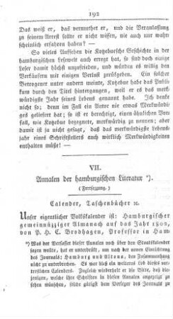 VII. Annalen der hamburgischen Literatur. (Fortsezzung.)