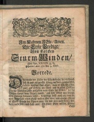 Die erste Predigt/ Von starcken Sturm-Winden/