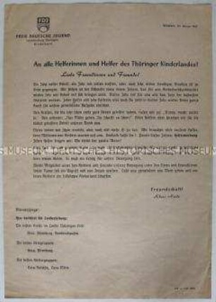Rundschreiben der FDJ-Landesleitung an die Helferinnen und Helfer des Thüringer Kinderlandes