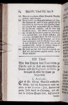III. Titul. Wie den Leuten das Exerciren zu Pferde und zu Fuß am leichtesten zu lernen...
