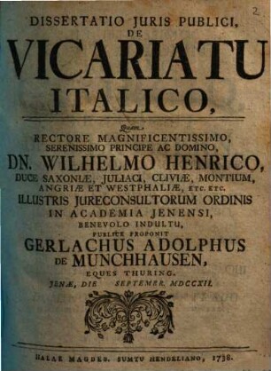 Dissertatio Iuris Publici De Vicariatu Italico,