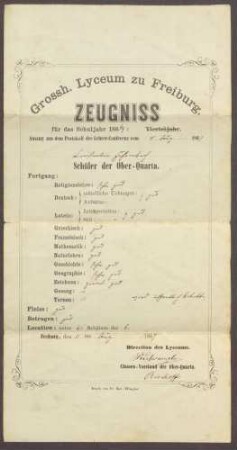 Zeugnis von Constantin Fehrenbach für das Schuljahr 1866/67