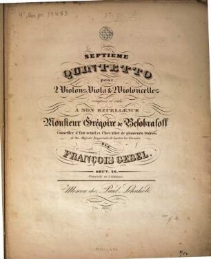 Septième quintetto : pour 2 violons , viola & 2 violoncelles ; oeuv. 26