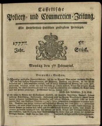 5tes Stueck, Montag den 3ten Februarius 1777