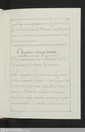 Chapitre vingt-trois. Des révérences du Menuet, et de la maniere de tenir la main