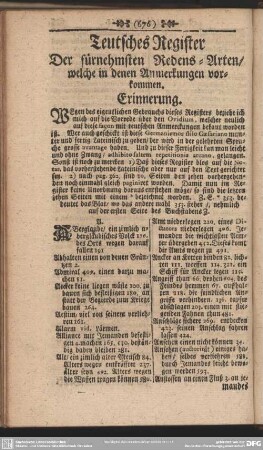 Teutsches Register Der fürnehmsten Redens-Arten, welche in denen Anmerkungen vorkommen