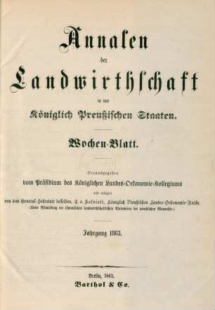 3.1863: Annalen der Landwirthschaft in den Königlich Preußischen Staaten / Wochenblatt