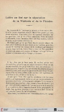 Lettre au roi sur la séparation de la Wallonie et de la Flandre
