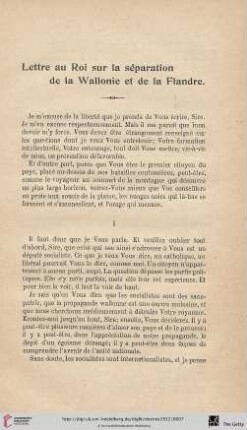 Lettre au roi sur la séparation de la Wallonie et de la Flandre