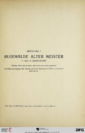 Abteilung I: Ölgemälde alter Meister (Nr. 1-74)
