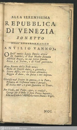 Alla Serenissima Repubblica Di Venezia Sonetto Dell´Anagrammatico Antilio Vannoj