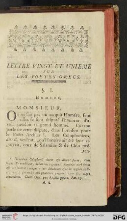 Lettre Vingt et Unième sur les Poetes Grecs