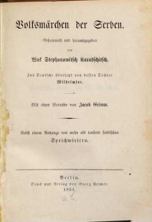 Volksmärchen der Serben : nebst einem Anhange von mehr als tausend serbischen Sprichwörtern