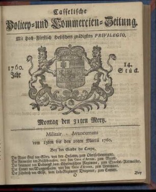 14. Stueck, Montag den 31ten Mertz 1760