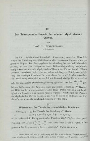 III. Zur Transversalentheorie der ebenen algebraischen Curven.
