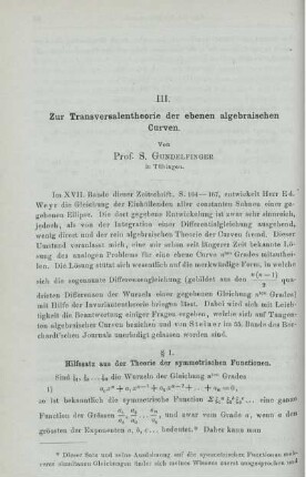 III. Zur Transversalentheorie der ebenen algebraischen Curven.