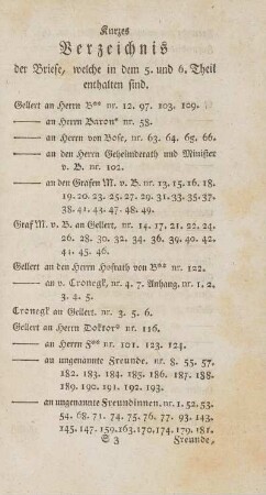 Kurzes Verzeichnis der Briefe, welche in dem 5. und 6. Theil enthalten sind