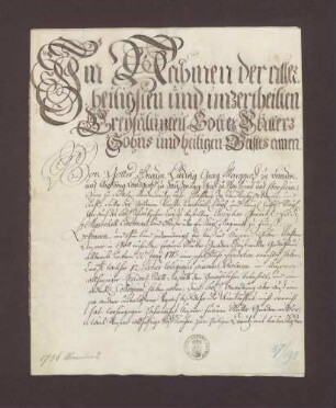 Stiftungsbrief des Markgrafen Ludwig Georg von Baden-Baden in seinem und seiner Mutter Namen über das mit der Hofkirche zu Rastatt verbundene collegium patrum religionis scholarum piarum (Piaristen)