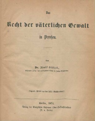 Das Recht der väterlichen Gewalt in Preußen