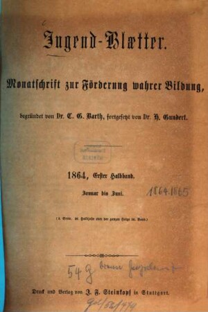 Jugendblätter. 1864,1 = Jan. - Juni = Ser. 3, Halbj. 26 = Bd. 56