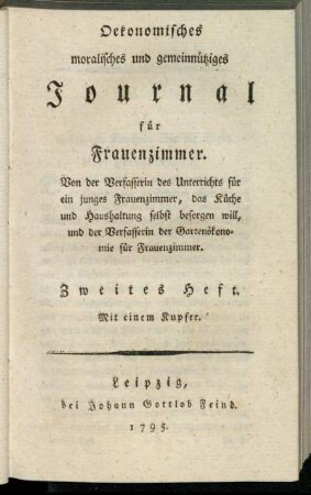 2: Oekonomisches moralisches und gemeinnütziges Journal für Frauenzimmer