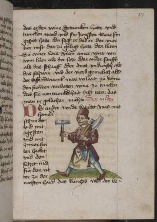 Figur (Der zweite Vend): Schmied, Zimmermann, Maurer, mit Klauenhammer, Beil und Maurerkelle als Attribute