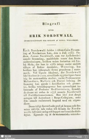 Biografi öfver Erik Nordewall. Öfverste-Löjtnant och Riddare af Kongl. Wasa-Orden