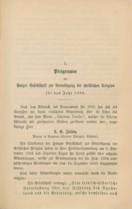 397-406 Programm der Haager Gesellschaft zur Verteidigung der christlichen Religion für das Jahr 1886