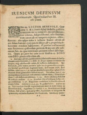 Irenicum Defensum cntinuatum. Quod velut Pars III. esse potest.