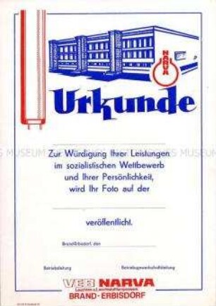 Urkunde des VEB NARVA Brand-Erbisdorf (blanko)