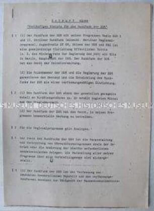 Manuskript des Entwurfs eines "vorläufigen Statuts" für den Rundfunk der DDR unter den veränderten politischen Bedingungen des Frühjahrs 1990