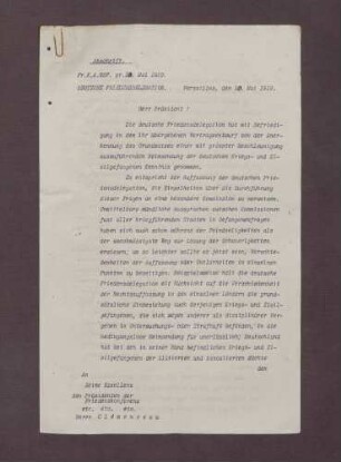 Abschrift eines Schreibens von Brockdorff-Rantzau für die Deutsche Friedensdelegation an Clemenceau; Heimsendung von deutschen Kriegs- Zivilgefangenen