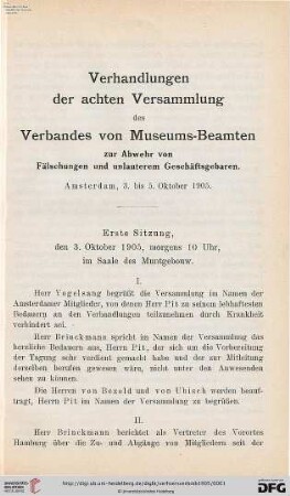 8: Verhandlungen der ... Versammlung des Verbandes von Museums-Beamten zur Abwehr von Fälschungen und Unlauterem Geschäftsgebaren