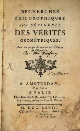 Recherches philosophiques sur l'Évidence des Vérités géometriques