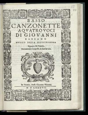 Giovanni Bassano: Canzonette a quattro voci ... Basso
