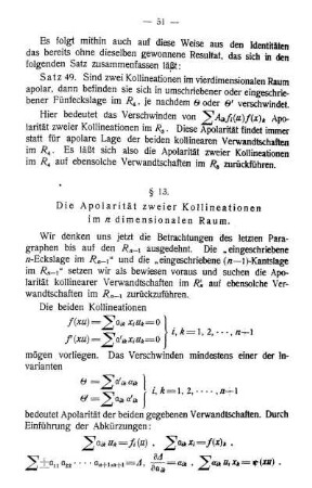 § 13. Die Apolarität zweier Kollineationen im n dimensionalen Raum.