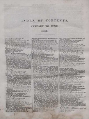 INDEX OF CONTENTS, JANUARY TO JUNE, 1858.