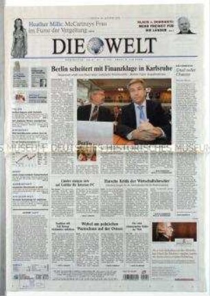 Tageszeitung "Die Welt" u.a. zur Abweisung der Klage Berlins auf zusätzliche Finanzhilfe durch das Bundesverfassungsgericht