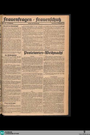 Der Volksfreund : Tageszeitung für das werktätige Volk Mittelbadens, Frauenfragen / Frauenschutz
