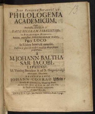 Philologema Academicum, Super Proverb. XXXI. 6. 7. Date Siceram Pereunti &c.