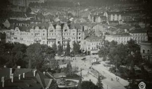 Dresden-Neustadt, Blick vom Turm der Dreikönigskirche über den Albertplatz auf die Wohnbebauung zwischen Königsbrücker Straße und Alaunstraße