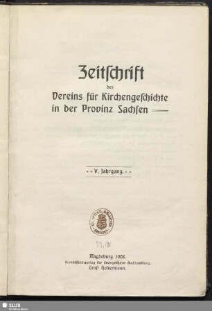 5.1908: Zeitschrift des Vereins für Kirchengeschichte der Provinz Sachsen