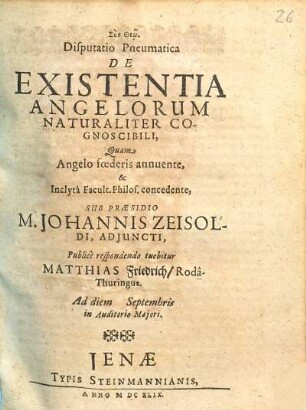 Disputatio pneumatica de existentia angelorum naturaliter cognoscibili