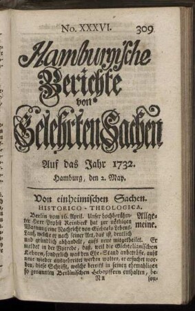No. XXXVI. Hamburg, den 2 May 1732 - No. XLIV. Hamburg, den 30 May 1732