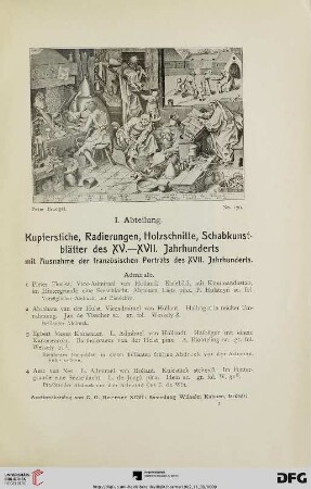 Kupferstiche, Radierungen, Holzschnitte, Schabkunstblätter des XV. – XVII. Jahrhunderts mit Ausnahme der französischen Porträts des XVII. Jahrhunderts (Nr. 1-402)