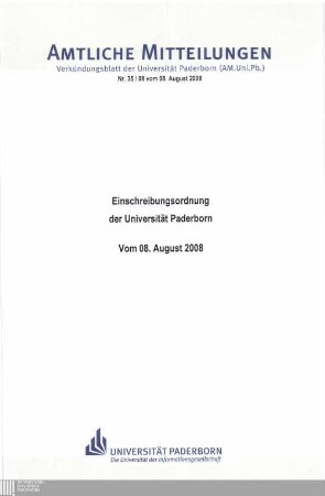 Einschreibungsordnung der Universität Paderborn : vom 08. August 2008