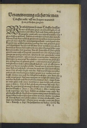 Verantwortung etlicher die man Töuffer nent uff die fragen warumb sy nit zu kirchen gangind.