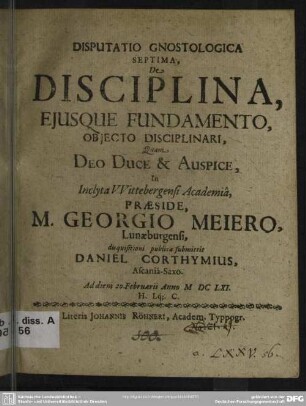 Disputatio gnostologica septima de disciplina, ejusque fundamento, objecto disciplinari